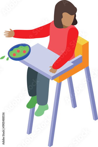 Toddler girl dropping food from high chair while eating, making a mess