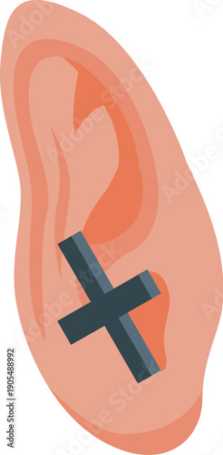 Human ear with a black cross representing deafness, hearing loss, or noise canceling