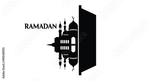 Ramadan mosque silhouette with minarets and domes on white background