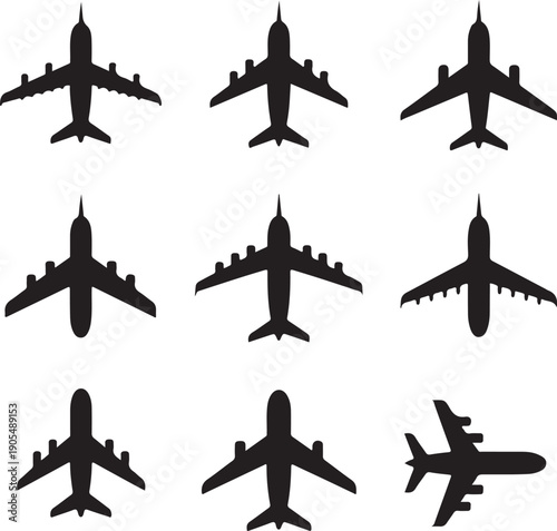 Airplane silhouettes in various flying positions and angles