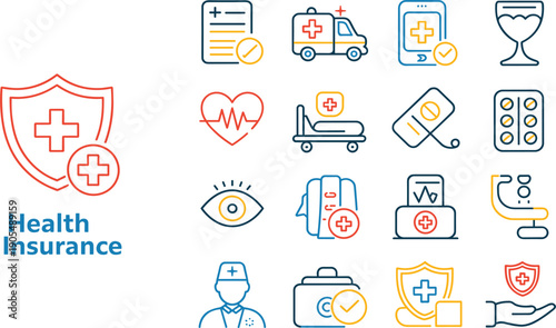Professional health insurance line icon set including ambulance medical shield heartbeat and hospital equipment symbols