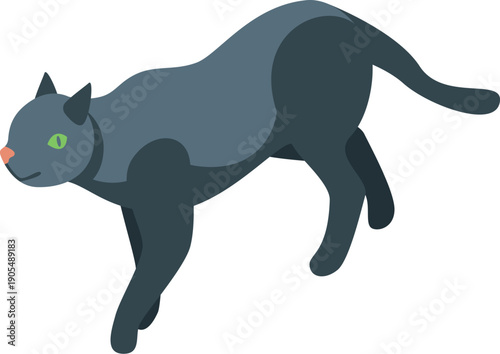 Gray cat walking stealthily with green eyes, isometric view