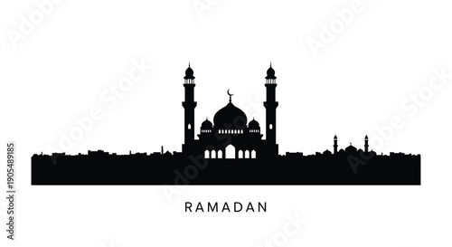 Ramadan mosque silhouette with minarets and dome on white background