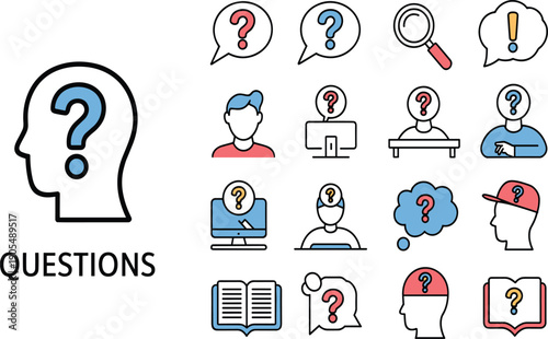 Professional flat line icons depicting curiosity research mental health and finding answers in a digital world