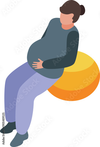 Pregnant woman is relaxing and doing exercises on fitness ball, preparing for childbirth with prenatal workout