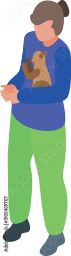 Volunteer holding a brown cat in her arms, giving it love and care in an animal shelter, isometric view