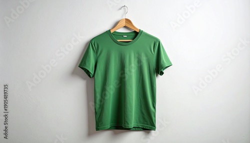 Plain green T-shirt on wooden hanger