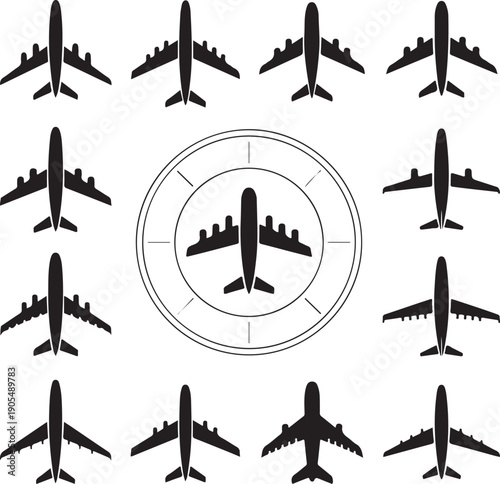 black airplanes in different positions on white background