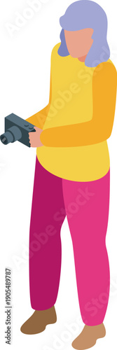 Professional photographer holding a compact digital camera is taking photos