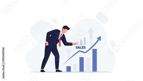 Businessman analyzing sales growth chart with rising arrow, business concept