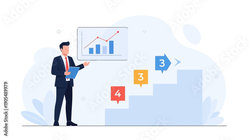 Businessman presenting financial growth chart and steps for success