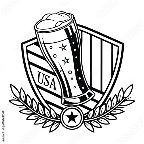 A close up black and white illustration of laurel leaves and a partial american flag design