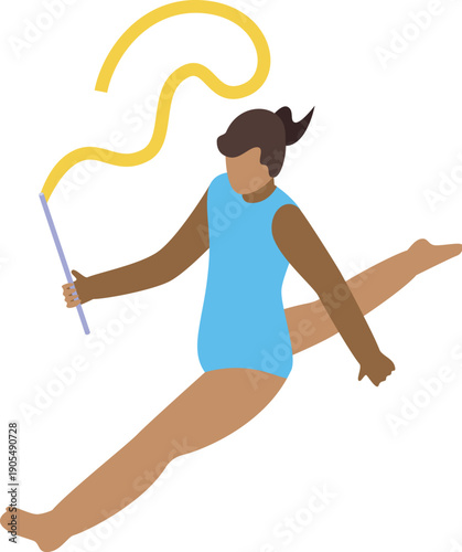 Female gymnast performing a rhythmic gymnastics exercise with a ribbon, showcasing flexibility and grace in isometric view