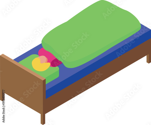 Isometric view of a person sleeping in a single bed, covered by a green blanket, on a blue mattress and pink pillow
