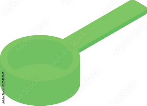 Isometric view of a green plastic measuring spoon, commonly used for protein powder, sports nutrition supplements, or other powdered products