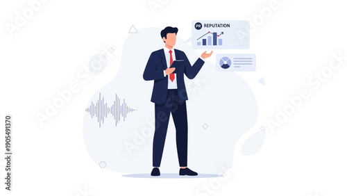 Businessman presenting reputation growth chart and analytics on tablet