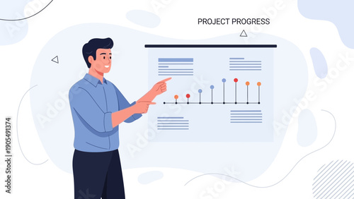 Man presenting project progress chart on a whiteboard