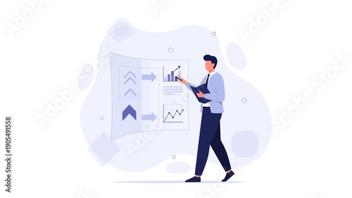 Business analytics presentation, man pointing at charts and graphs on whiteboard