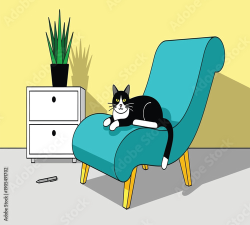 A black and white cat lounging on a teal chaise lounge