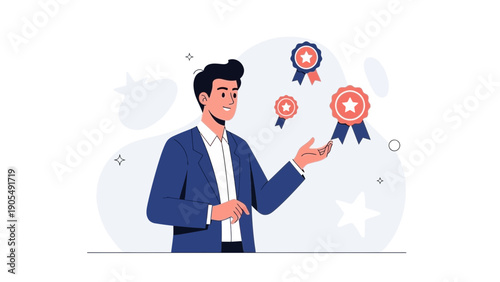 Man with Award Ribbons, Achievement, Success, Recognition, Business Concept