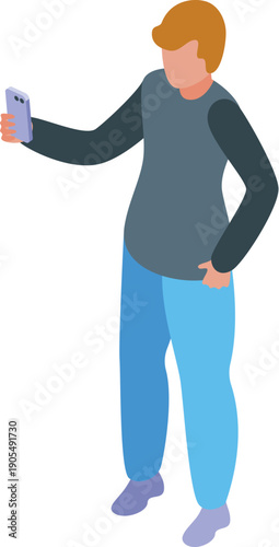 Young man blogger holding smartphone taking selfie photo isometric view