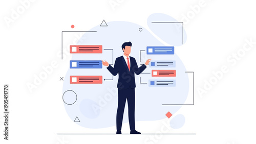 Businessman organizing tasks and planning strategy with flowchart