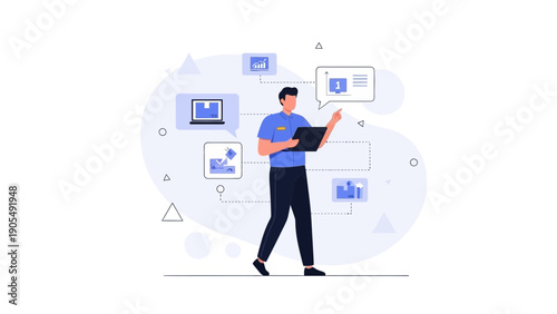 Man with tablet analyzing business data and charts, infographic concept