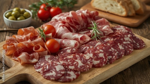 Tagliere di affettati italiani con salame, coppa, pomodorini e olive su legno rustico. Generative AI 