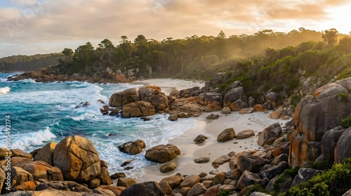 Coastal Beauty: A picturesque coastal scene unfolds, where the serene expanse of the ocean meets a sandy shore embraced by rugged cliffs and lush foliage.
