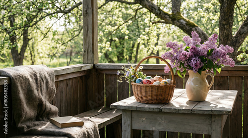 Cozy Easter still life on a rustic wooden porch with a basket of pastel Easter eggs and blooming lilac flowers. Peaceful spring countryside atmosphere with natural light, garden and farmhouse style. 
