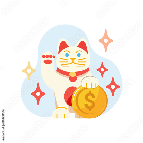 Adorable Japanese lucky Maneki Neko cat holding a shining gold coin flat design vector illustration for empty state ui templates