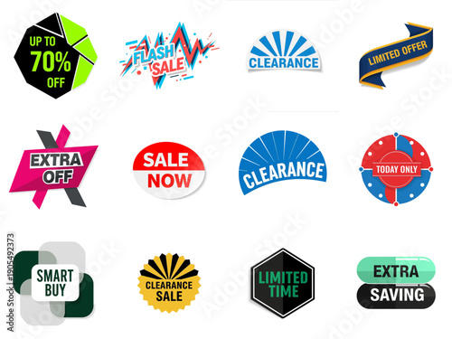 A collection of promotional labels and badges featuring discount offers and sale announcements displayed together on a clean background