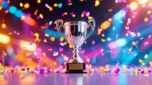 SilverTrophywithColorfulConfettiBackground
