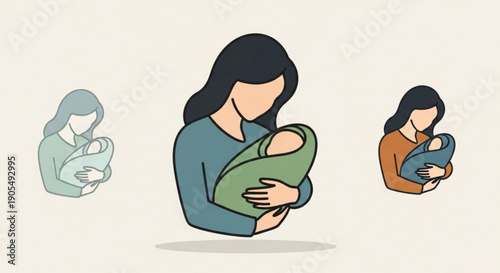 Mother Holding Baby in Various Poses and Colors, Breastfeeding Illustration, Cartoon Style
