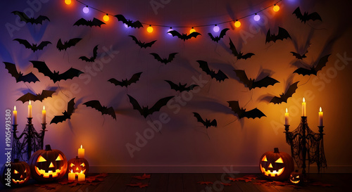 Spooky halloween decorations with bats and jack o lanterns