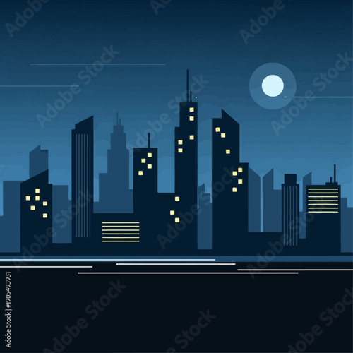 Cityscape illustration at dusk with skyscrapers and moonlit sky