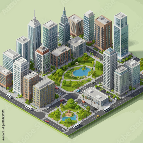 Isometric illustration of a modern cityscape with skyscrapers, buildings, and a park from an aerial viewpoint