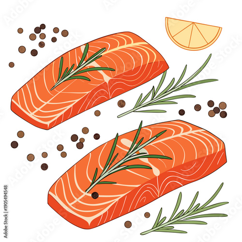 Salmon Steaks with Rosemary Lemon and Peppercorns Vector Illustration