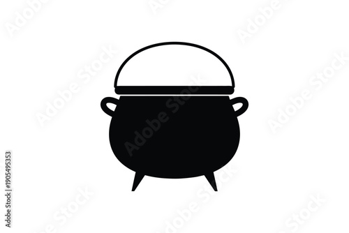 Black silhouette of traditional cooking pot with lid and legs isolated on white backdrop for culinary design