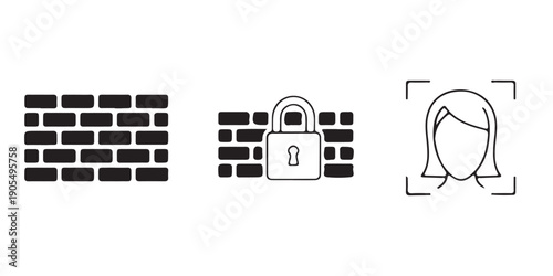 Vector icons of brick wall, padlock, and masked face for privacy or security concepts, isolated on transparent background, png