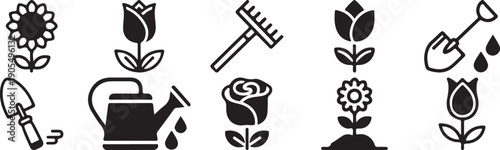 Black line style gardening icons set including flower, rose, watering can, shovel, rake, seedling, for website or app UI, Isolated on transparent background, png
