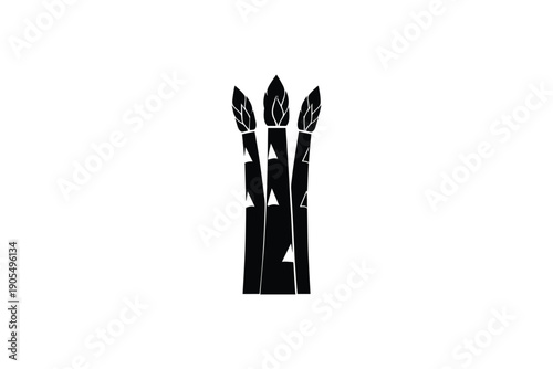 Three asparagus spears stand upright, black silhouette against white background for cooking and food design