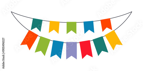 A colorful banner with flags hanging from it. The banner is hanging from a white background.