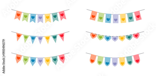 A set of colorful banners with hearts on them