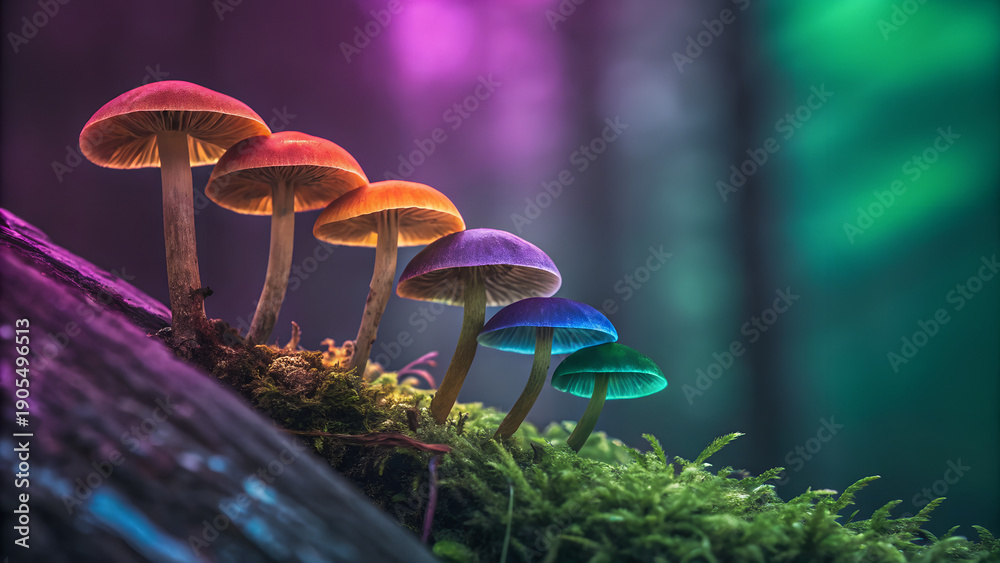 Fototapeta premium Banner set of wild mushroom caps with digital color processing, magenta-black, orange-blue, green-violet, abstract texture. Aesthetic photo