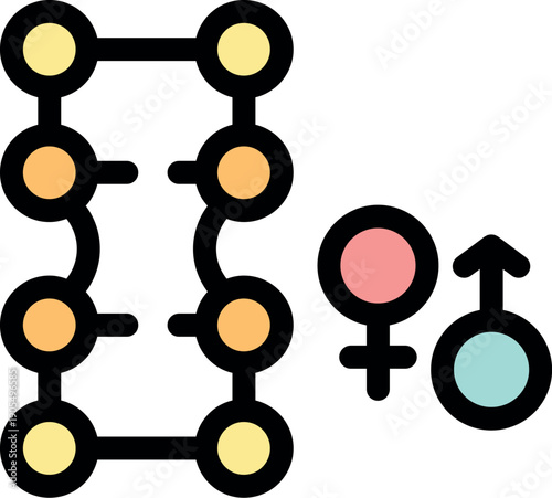 Colorful graphic showing male and female symbols and connected circles representing genetic relationship or family tree