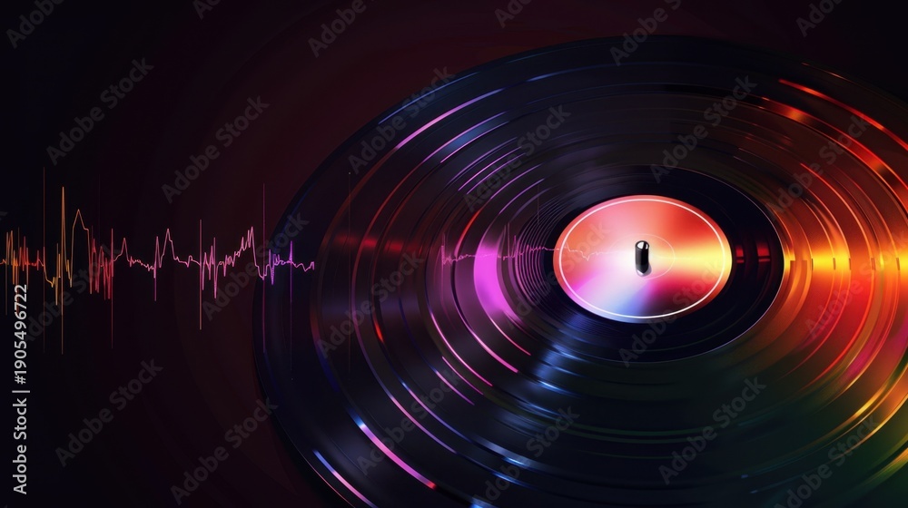Obraz premium A close-up of a vinyl record spinning on a turntable. Colorful sound waves emanate from the record, creating a vibrant visual effect.