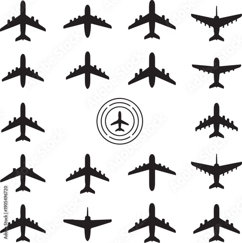 collection of airplanes in various flying positions and one in a circular path