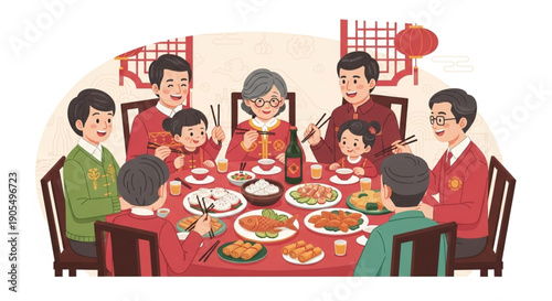 Chinese New Year Family Reunion Dinner Traditional Illustration