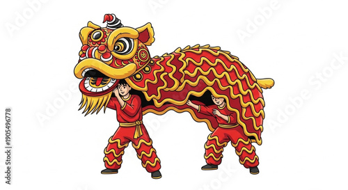 Traditional Chinese Lion Dance Performance Illustration